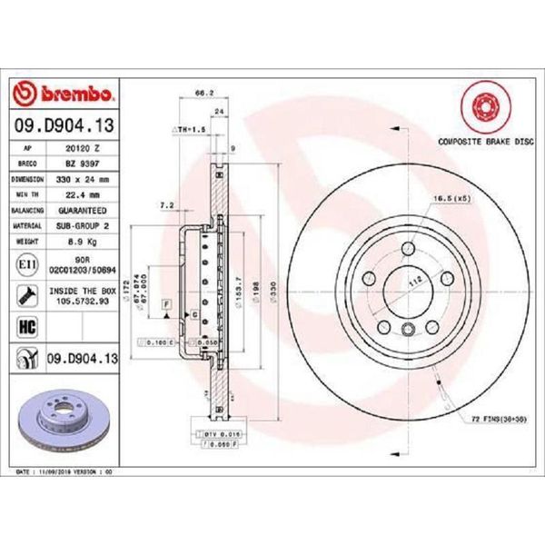 2X Disco Freno Brembo 09.D904.13 Per Bmw 5 Berlina (G30 F90) 5 Touring (G31)-image