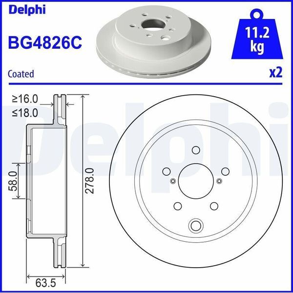 2X Disco Freno Delphi BG4826C Per Subaru Forester (Sj) 63 5Mm 278Mm-image