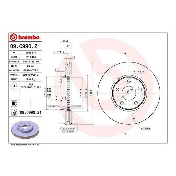 2X Disco Freno Brembo 09.C990.21 Per Ford Focus Mk4 Turnier (Hp) 51Mm 282Mm-image