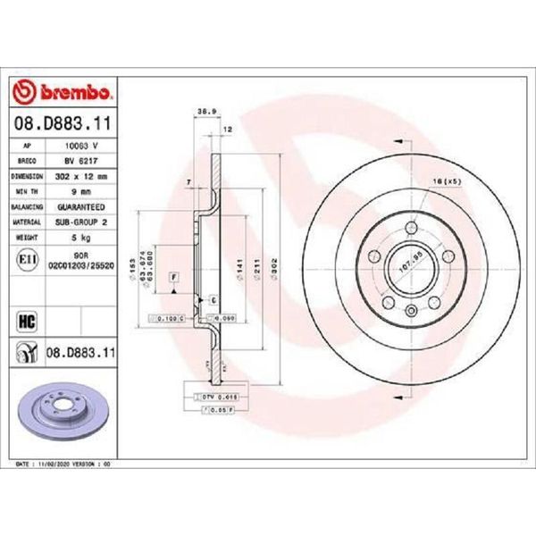 2X Disco Freno Brembo 08.D883.11 Per Volvo XC40 (536) 37Mm 302Mm-image