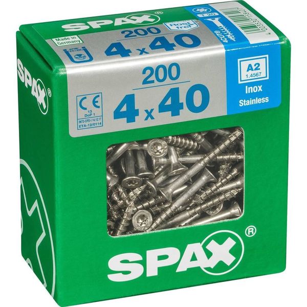 Set Di 200 Viti Spax In Acciaio Inox Testa Svasata Torx, Diam.4 Mm X L.40 Mm-image
