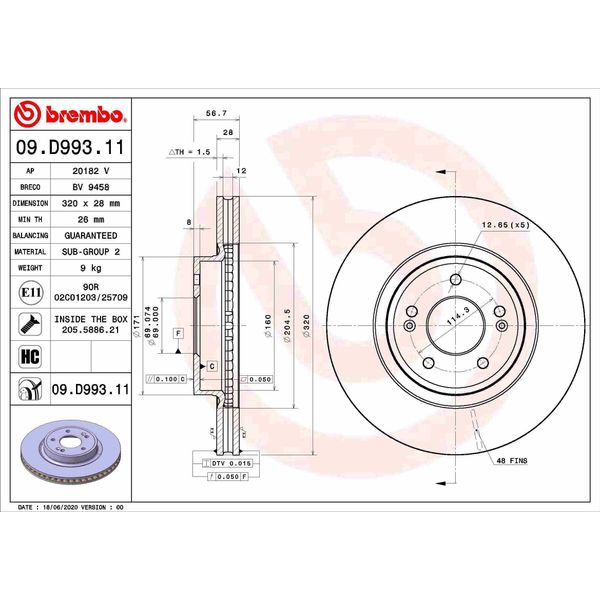 2X Disco Freno Brembo 09.D993.11 Per Kia Stinger Hatchback (Ck) 56 7Mm 320Mm-image