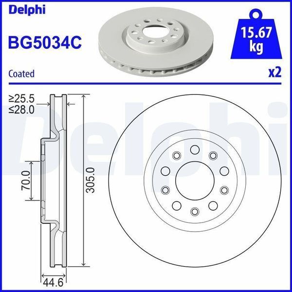 2X Disco Freno Delphi BG5034C Per Alfa Romeo Giulia (952_) 44 6Mm 305Mm-image