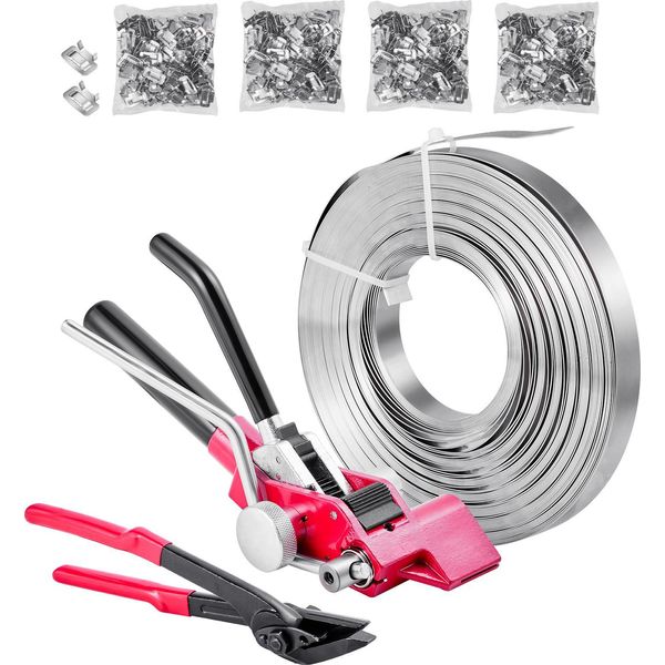 Succebuy Kit Di Reggette In Acciaio In 4 Pezzi, Strumento Manuale Per Reggiare Con 122 Metri Di Reggette Metalliche, 400 Graffette Metalliche E Utensile Da Taglio, Ideale Per L'imballaggio, Il Trasporto E Lo Stoccaggio In Officina-image