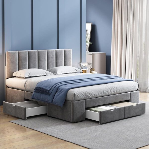 Letto Imbottito In Velluto 140X200 Cm Con 4 Cassetti E Rete A Doghe, Grigio, Testiera Regolabile In Altezza, Telaio Letto Con Vano Contenitore (Senza Materasso)-image