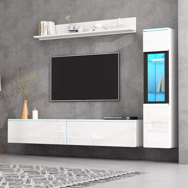 Set Di Mobili Tv A 3 Pezzi In Bianco Lucido Con Illuminazione A Led E Controllo Tramite App, Set Di Mobili Moderni Per Soggiorno Incl. Mobile Tv, Vetrina E Mensola A Muro-image