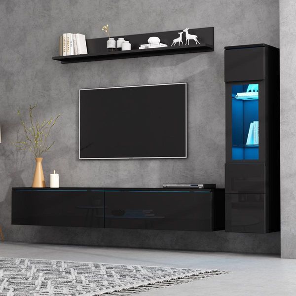Set Mobile Tv A 3 Pezzi Nero Lucido Con Led E Controllo Tramite App, Mobile Multimediale Per Tv Fino A 80 Pollici, Incl. Mobile Tv, Vetrina E Mensola A Muro-image