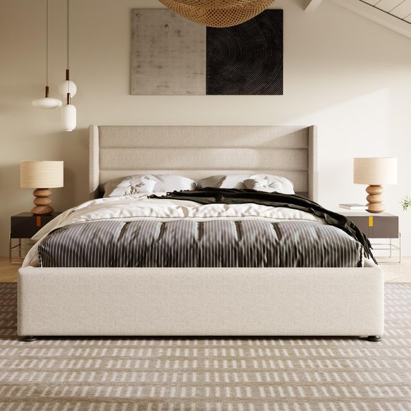 Letto Imbottito Idraulico Letto Matrimoniale Con Contenitore, Rete A Doghe In Legno, Beige, 160X200 Cm-image