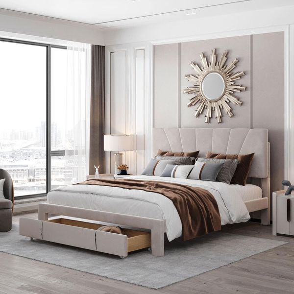 Letto Imbottito 140 X 200 Cm, Letto Matrimoniale Con Ampio Cassetto, Rete A Doghe, Velluto, Beige-image