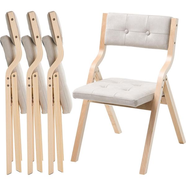 Succebuy Sedia Da Giardino Pieghevole Con Cuscino Imbottito E Struttura In Legno, Set Di 4 Pezzi. Versatile Sedia Da Pranzo Per Cucina, Ufficio O Eventi. Portata Fino A 180 Kg, Pieghevole, Salvaspazio, Beige E Bianco.-image