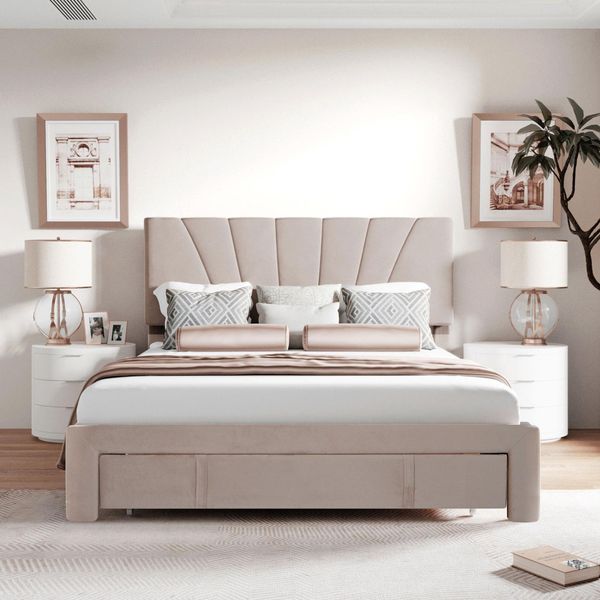 Letto Imbottito Fortuna Lai 140X200 Cm, Letto Matrimoniale Con Rete A Doghe, Schienale Regolabile E Cassetto, Letto Funzionale Con Rivestimento In Velluto-image