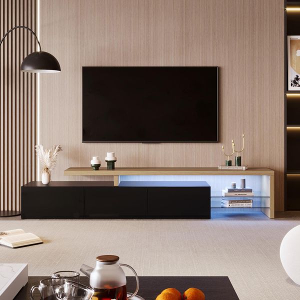 Porta Tv Moderno Con Luci Led Dimmerabili, 3 Ante E Ripiani In Vetro - Nero-image