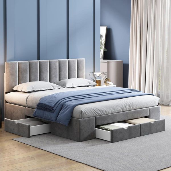 Letto Imbottito In Velluto 160X200 Cm Con 4 Cassetti E Rete A Doghe, Grigio, Testiera Regolabile In Altezza, Telaio Letto Con Vano Contenitore (Senza Materasso)-image