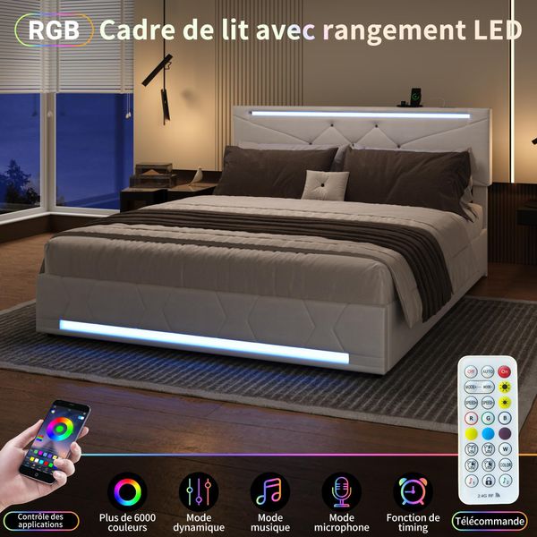 Letto Matrimoniale 160 X 200 Cm, Vano Portaoggetti Idraulico, Testiera Regolabile, Illuminazione Led Multicolore, Biancheria, Beige-image
