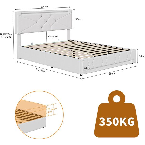 Letto Idraulico Imbottito 160 X 200 Cm Con Contenitore, Rete A Doghe, Confortevole, Beige-image
