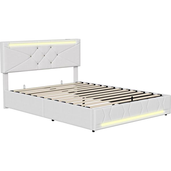 Letto Imbottito Fortuna Lai Letto Matrimoniale 160×200 Cm, Letto Contenitore Idraulico Con Led E Funzione Di Ricarica Usb, Struttura Letto Funzionale Con Vano Contenitore E Rete A Doghe, Lino, Beige-image