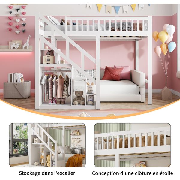 Letto A Castello Per Bambini 90X200 Con Scala, Spazio Contenitore E Ringhiera, Soppalco Multifunzionale, Legno Massello E Mdf, Bianco-image