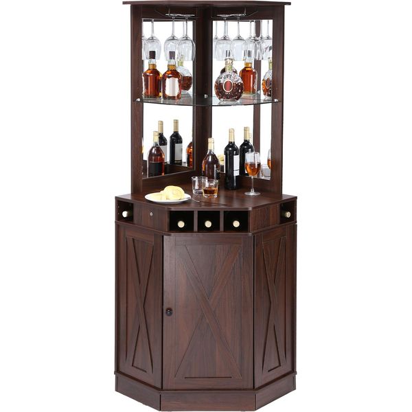 Vevor Mobile Bar Angolare Industriale, Tavolo Da Vino Per Liquori E Bicchieri, Mobile Buffet A Credenza Con Portabicchieri, Mobile Bar Indipendente In Legno Di Cascina Per Soggiorno, Home Bar, Legno Di Noce-image