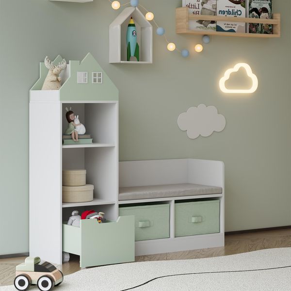Panca Per Bambini Con Ripiano 'Vipsali' In Design House Con 2 Scatole Pieghevoli 100 X 99 X 30 Cm Verde Menta / Bianco-image