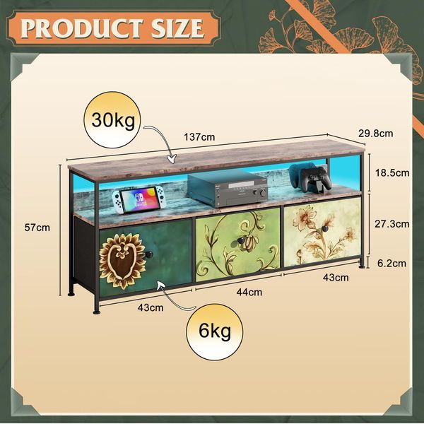 Porta Tv 137 Cm Con Led, Piano Effetto Legno Tigrato, 4 Cassetti In Tessuto Colorato, Struttura In Metallo, Contenitore Moderno Con Piedini Regolabili-image