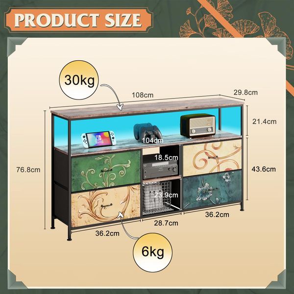 Porta Tv Da 108 Cm Con Illuminazione A Led, 4 Cassetti In Tessuto Stampato, Piano In Legno Tigrato, Struttura In Metallo, Piedini Regolabili-image
