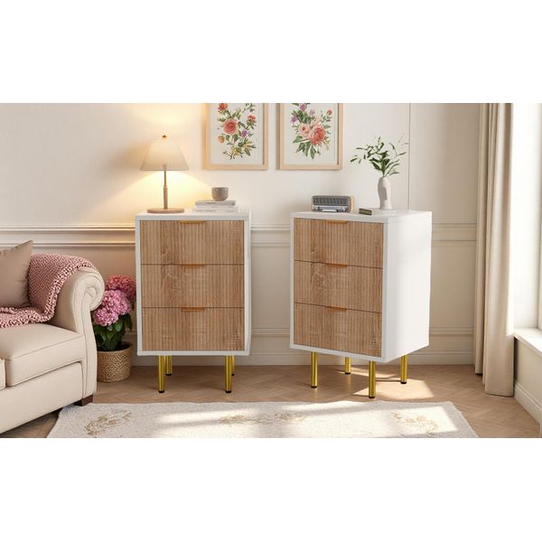 Unboxg Set Di 2 Comodini Con 3 Cassetti 40×40×65 Cm – Comodini Bianchi/Legno Naturale Con Maniglie E Piedini In Metallo Dorato, Moderne Cassettiere-image