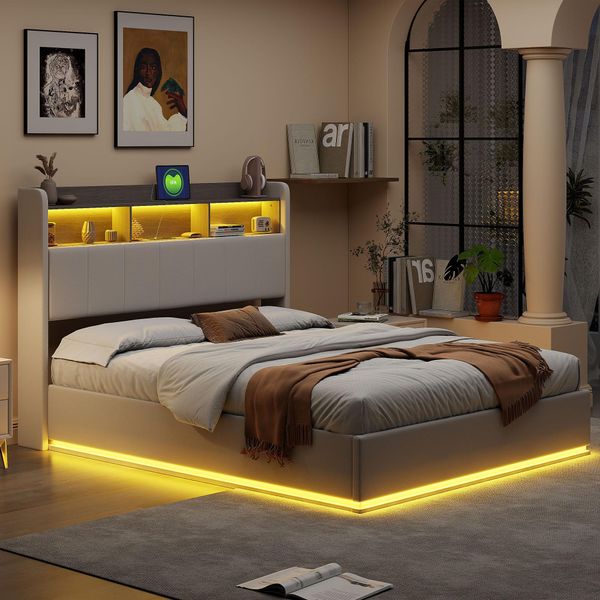 Unboxg Letto Imbottito 140×190 Cm Bianco In Velluto – Letto Matrimoniale Con Luce Led, Testiera Con Spazio Contenitivo E Funzione Di Ricarica Usb, Letto Moderno In Tessuto-image