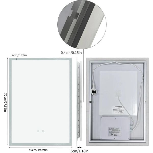 Specchio Da Bagno A Led, Antiappannamento, Retroilluminazione Dimmerabile, 50X70 Cm-image