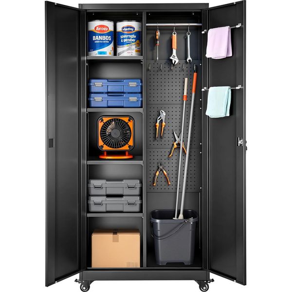 Vevor Armadio Metallico Armadio Contenitore A 5 Ripiani, Armadio Da Garage Con Ruote, Ripiani Regolabili, 2 Ante Magnetiche, Appendiabiti E Ganci, Adatto Per Dispensa, Magazzino, Cantina-image