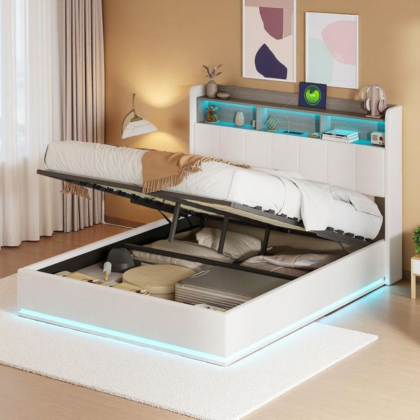 Unboxg Letto Imbottito 140×190 Cm Bianco In Velluto – Letto Matrimoniale Con Striscia Luminosa A Led Nella Parte Inferiore E Nella Testiera, Testiera Con Vano Contenitore E Funzione Di Ricarica Usb, Letto Moderno In Tessuto Per Camera Da Letto-image