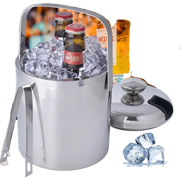 Secchiello Per Il Ghiaccio, Acciaio Inox 304, Diametro 20 Cm, Capacità 3 Litri, Doppio Isolamento, Coperchio E Manico Inclusi-image