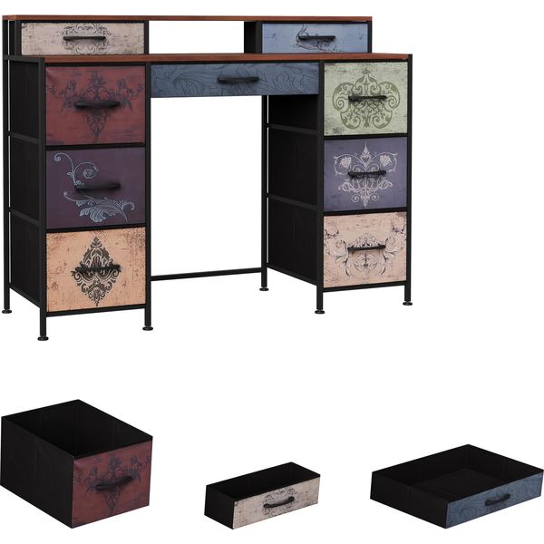 Tavolo Da Trucco Con 9 Cassetti, Ampio Spazio Contenitivo, Piano In Legno, Design Bifacciale, Piedini Regolabili E Dispositivo Antiribaltamento.-image