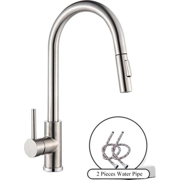 Rubinetto Da Cucina, Funzione Spray Estraibile, Design A Montaggio A Parete, Nichel Spazzolato-image