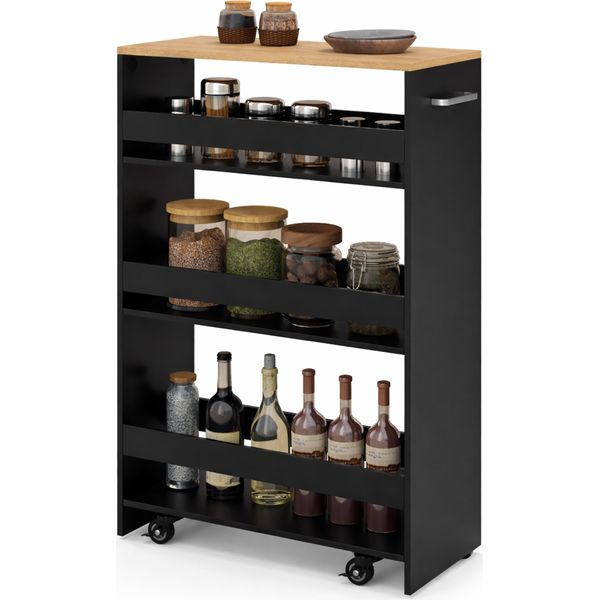 Costway Carrello Da Nicchia Largo 25 Cm, Carrello Da Cucina Stretto A 4 Ripiani, Scaffale Da Nicchia Su Ruote, Carrello Da Portata Con Maniglia E Ringhiere, Scaffale Da Bagno In Legno, Nero-image