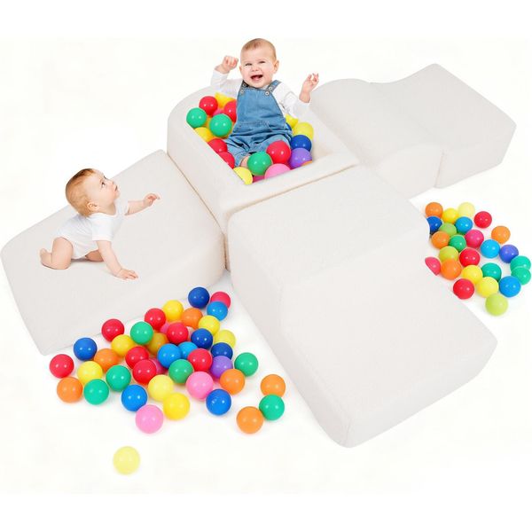 Costway 5 Pezzi Blocchi Di Schiuma, Blocchi Giganti Con Piscina Di Palline, Blocchi Grandi Per Giocare E Arrampicarsi, Blocchi Da Arrampicata Blocchi Morbidi Xxl Tessuto Sherpa Beige-image