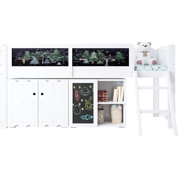 Letto A Soppalco, Letto Per Bambini, Con Armadietti A Due Ante E Tavolo Da Colorare, Scala Inclinata A Due Gradini, Ringhiera Di Sicurezza, Pino + Mdf + Compensato, Bianco, 90X200Cm-image
