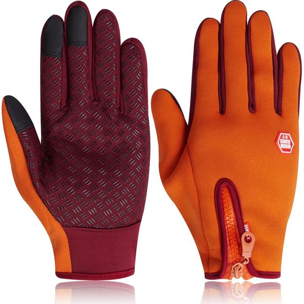 Guanti Invernali Caldi Con Cerniera, Guanti Invernali Impermeabili Antivento Antiscivolo Guanti Da Ciclismo Per Uomini Donne, Arancione, L-image