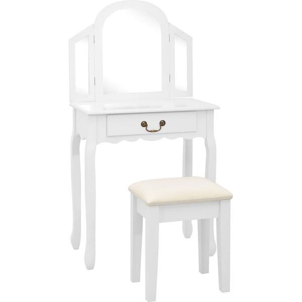 The Living Store Comodino Con Sgabello Bianco 65X36X128 Cm Legno Di Paulownia Mdf-image