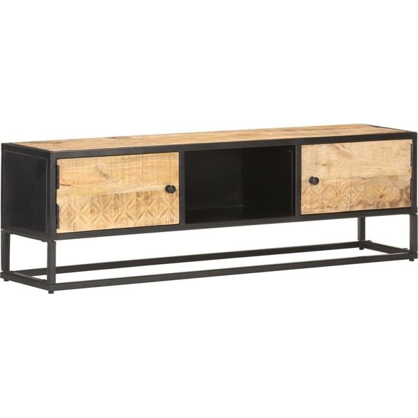The Living Store Mobile Tv Con Anta Intagliata 130X30X40 Cm Legno Di Mango Grezzo-image