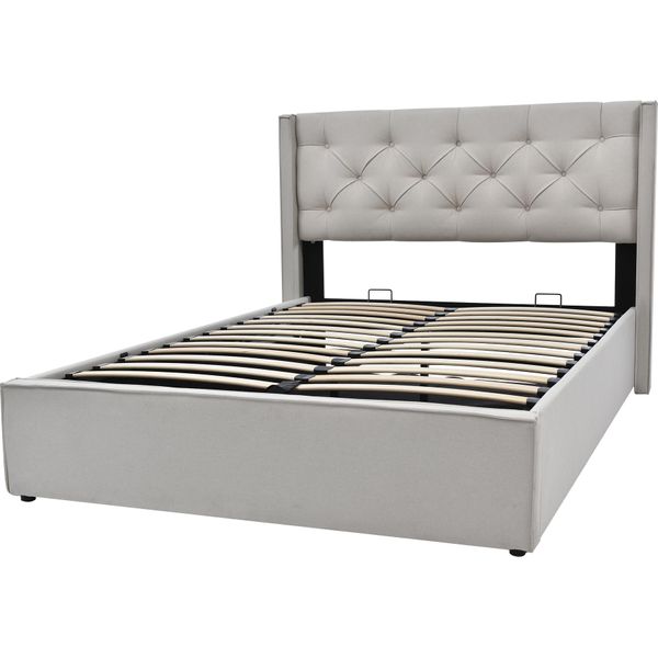 Letto A Molle Sweiko Letto Imbottito Con Testiera E Rete A Doghe, Funzione Contenitore Letto 140X200Cm, Cotone, Grigio Chiaro (Senza Materasso)-image