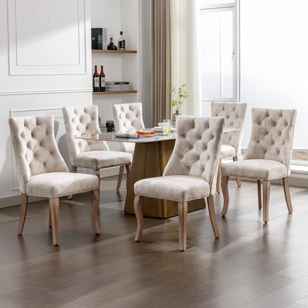 Set Di 6 Sedie Da Pranzo Flieks, Sedie Da Cucina Con Schienale Alto E Gambe In Legno Massiccio, Sedia Da Soggiorno In Velluto Sedia Da Pranzo Imbottita, Beige Chiaro-image