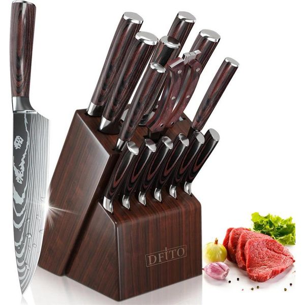 Set Di Coltelli Da Cucina, Acciaio Ad Alto Tenore Di Carbonio, Manico Ergonomico, Marrone-image