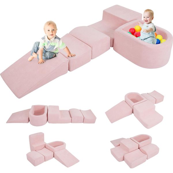 Costway 5 Pezzi. Blocchi Di Schiuma, Blocchi Giganti Con Piscina Di Palline, Blocchi Grandi Per Giocare E Arrampicarsi, Blocchi Da Arrampicata Morbidi Xxl, (Rosa, Tessuto Cordato)-image
