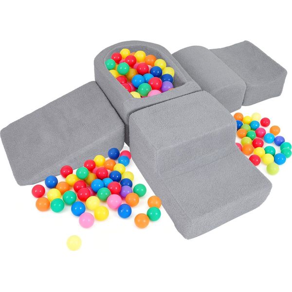 Costway 5 Pezzi Blocchi Di Schiuma, Blocchi Giganti Con Piscina Di Palline, Blocchi Grandi Per Giocare E Arrampicarsi, Blocchi Da Arrampicata Blocchi Morbidi Xxl Grigio Tessuto Sherpa-image