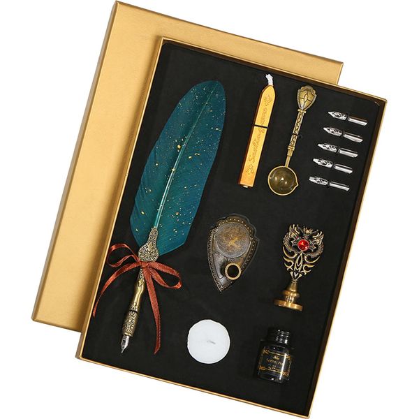 Set Di Penna E Inchiostro Vintage Penna Stilografica Scintillante Penna A Immersione Calligrafia Penna Di Scrittura Con Pennini Di Ricambio Portapenne Regalo Di Compleanno Per Bambini Studenti Amici-image