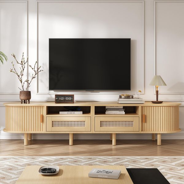 Mobile Tv Ovale Merax Con 2 Cassetti E 2 Ante Scorrevoli, Mobile Tv Basso Con 8 Gambe Per Tv Fino A 70 Pollici, Design Moderno Con Rattan, Natura-image