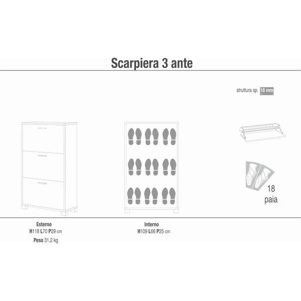 Milanihome.It - Scarpiera A 3 Ante Di Design Moderno Cm 70 L X 29 P X 115 Hdi Colorebianco-image