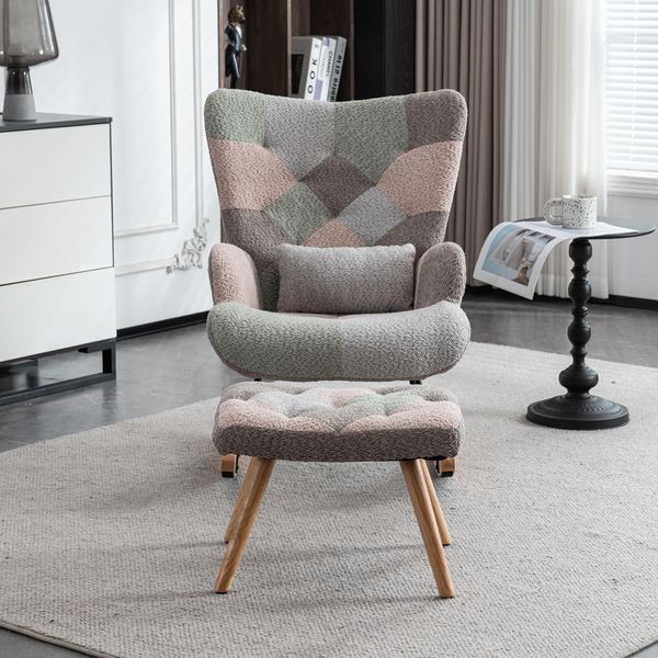 Sweiko Comoda Sedia A Dondolo Colorata, Altezza 93 Cm, Larghezza Seduta 43 Cm - Inclusi 1 Poggiapiedi (49X38X37 Cm) E 1 Cuscino Lombare, Robusta Struttura In Legno Di Gomma, Design Multicolore, Poltrona Lounge-image