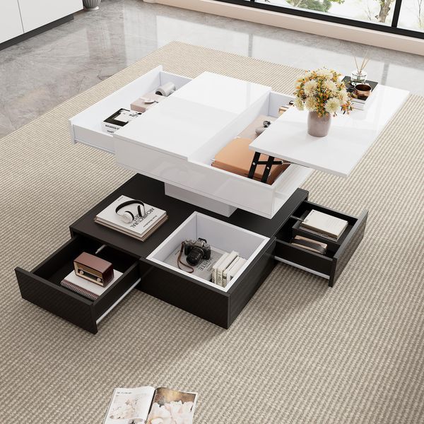 Tavolino Sweiko 70X70X40Cm Con Piano Girevole A 360°, Tavolino Da Salotto A Doppio Strato Con 3 Cassetti, Tavolino Geometrico Lucido, Tavolino Da Divano Sollevabile, Tavolino Con Vano Portaoggetti, Bianco+Nero-image