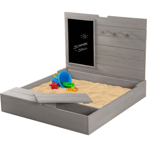 Sabbiera Roba Con Coperchio, A X L X P: 65,5 X 85 X 80 Cm, Sabbiera Ribaltabile Con Lavagna E 3 Ganci, Legno Massello, Verniciato Grigio, Resistente Alle Intemperie Ed Ecologico, Proveniente Da Silvicoltura Sostenibile-image